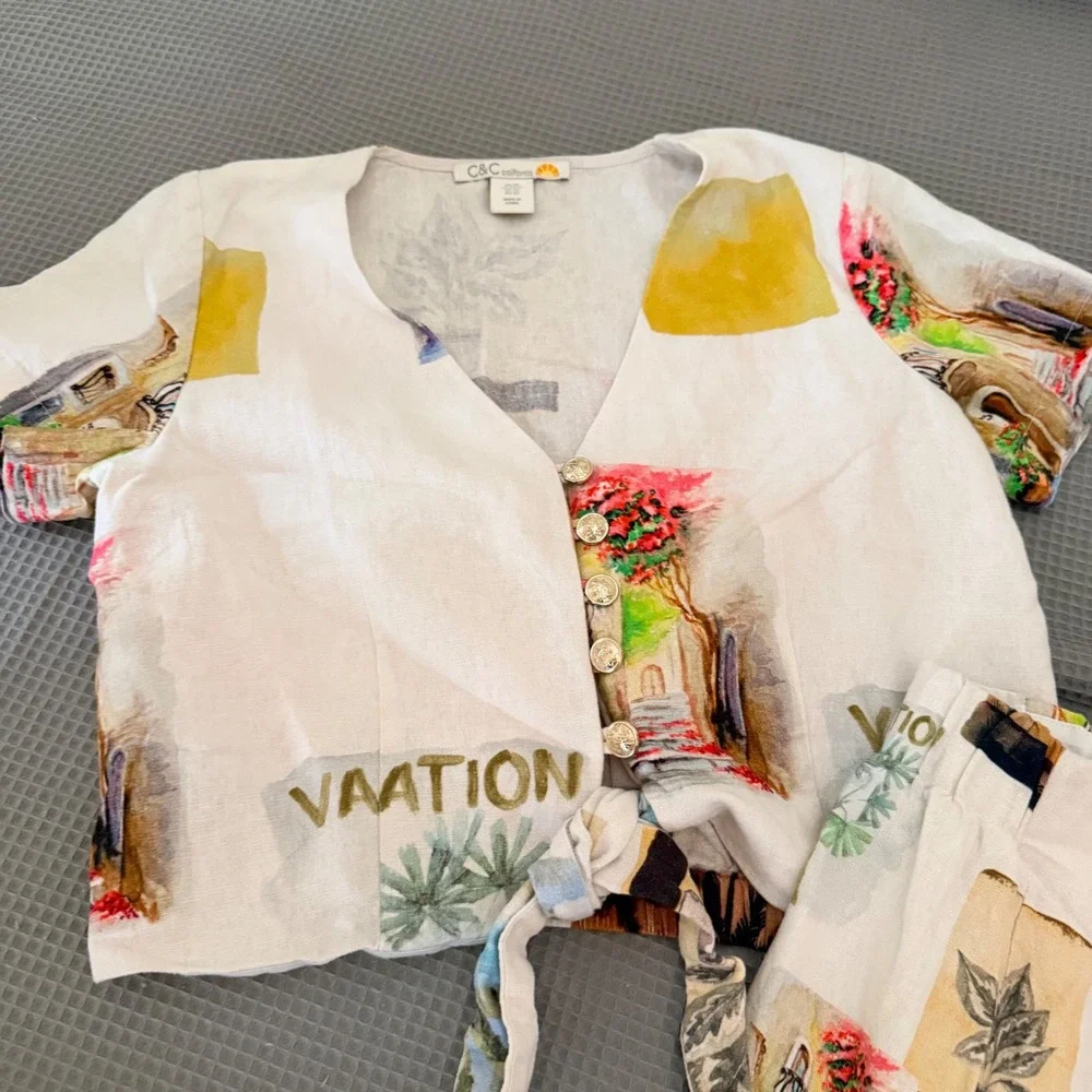 C&C California 2 Piece Set XS White Multicolor Postcard Print Top Mini Skirt